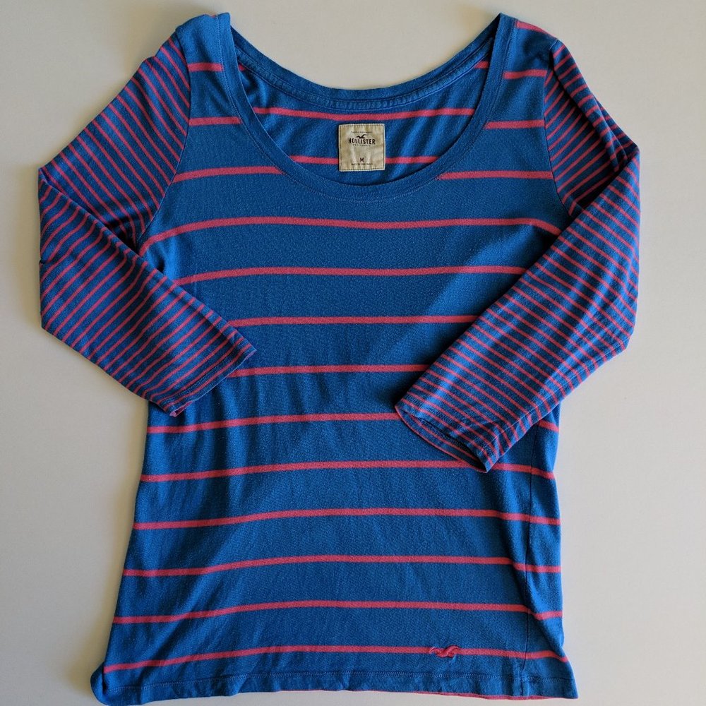 Hollister Women's Pink & Blue Striped 3/4 Sleeve Scoop Neck Shirt Women's Size M